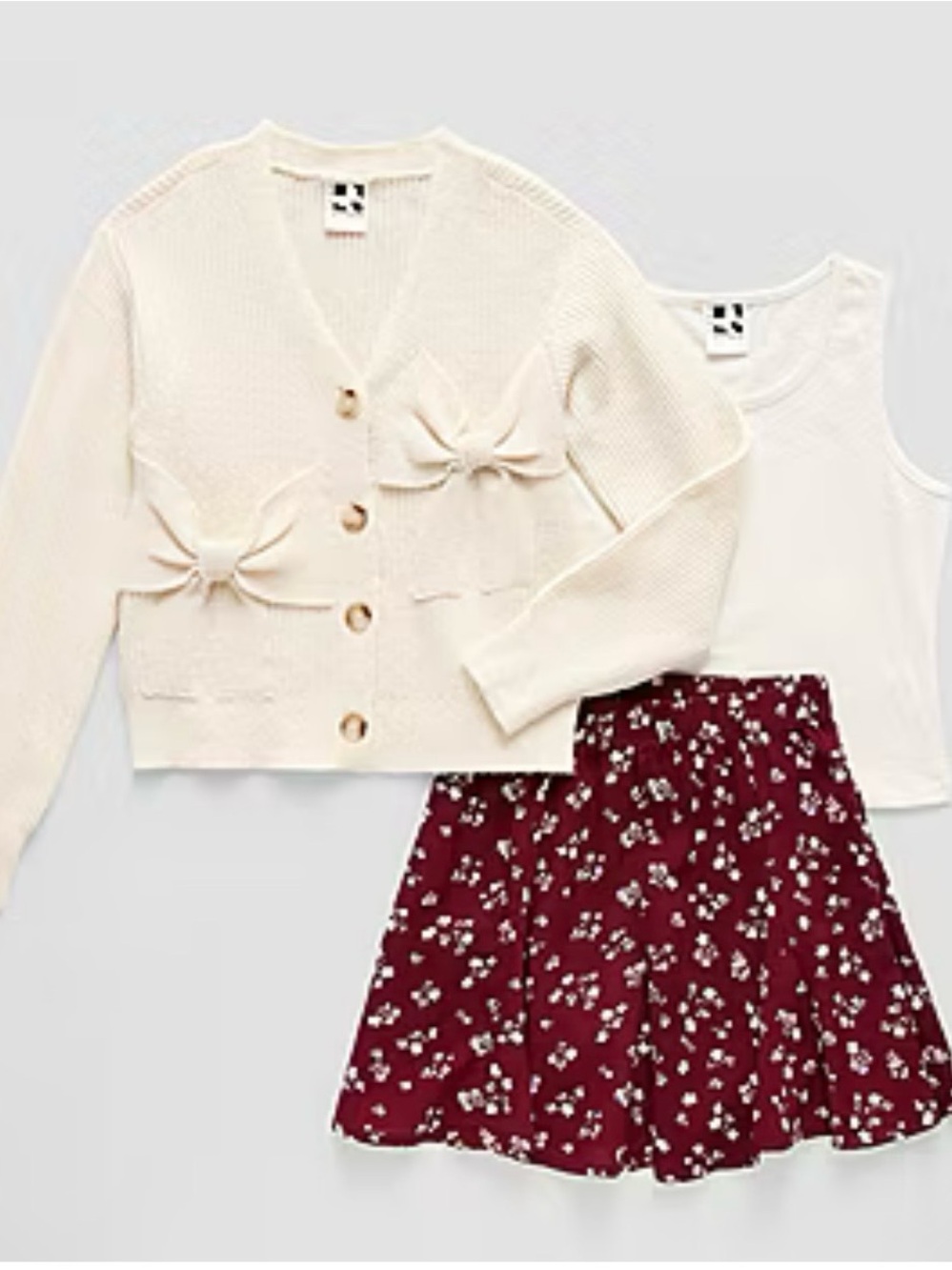 Cream Bow Knit Cardigan Set with Burgundy Floral Skirt